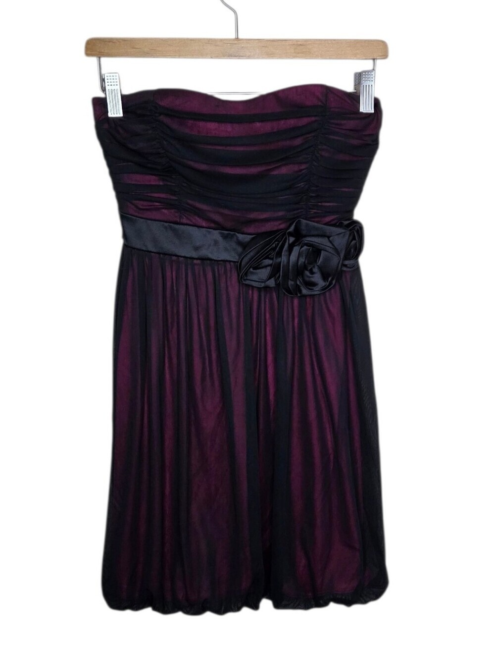 Ruby Rox Magenta Black Overlay Strapless Bubble Hem Mini Dress Size Small Dance